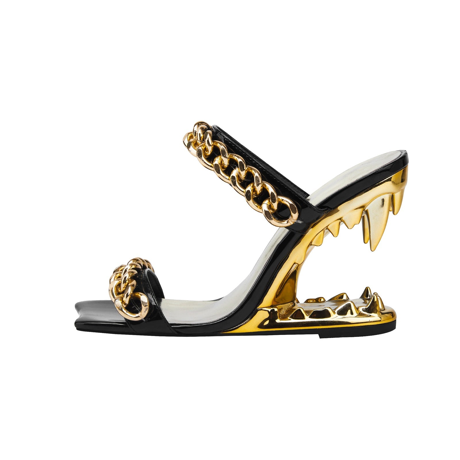 Double Gold Chain Open Toe Bite Heel Mules-0