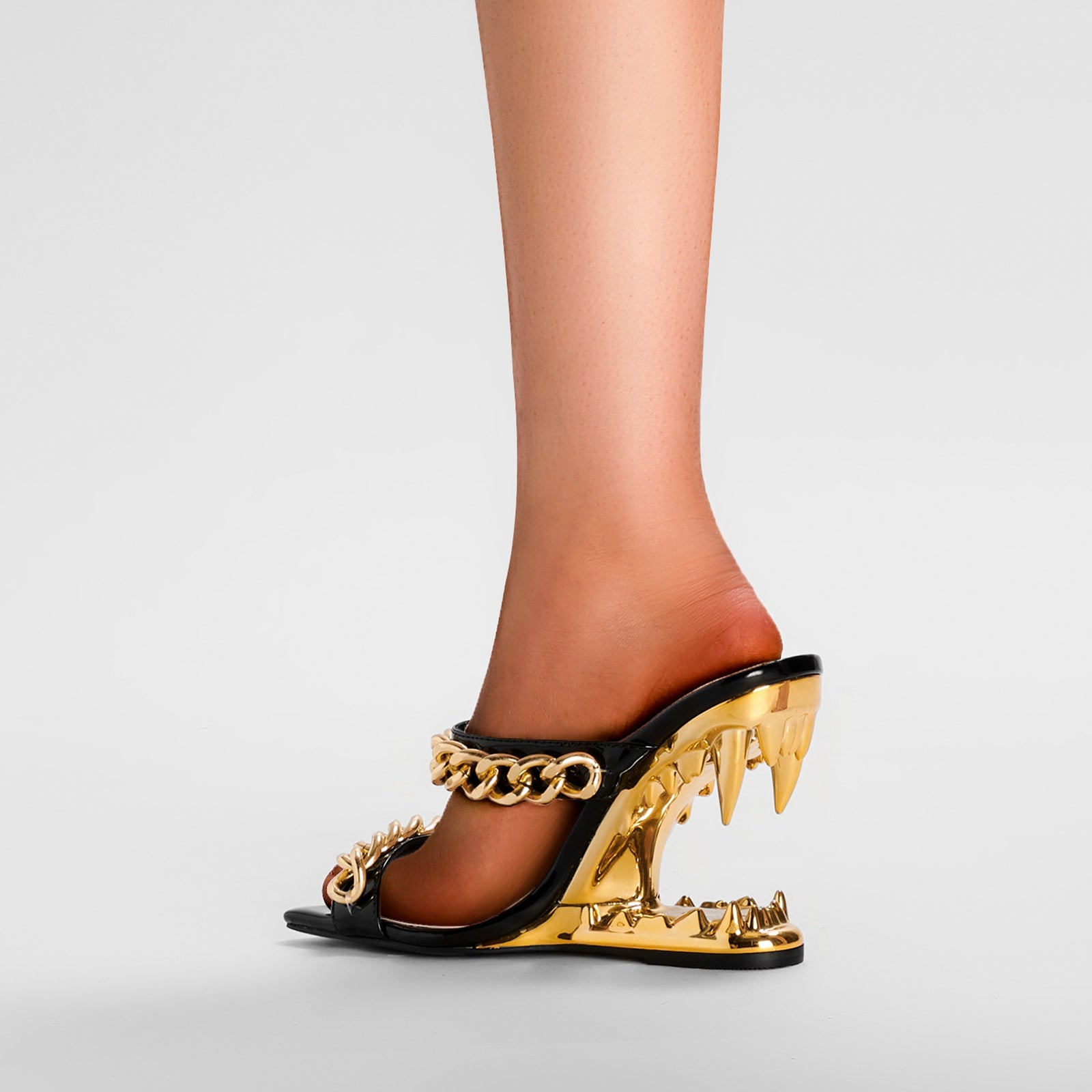 Double Gold Chain Open Toe Bite Heel Mules-1