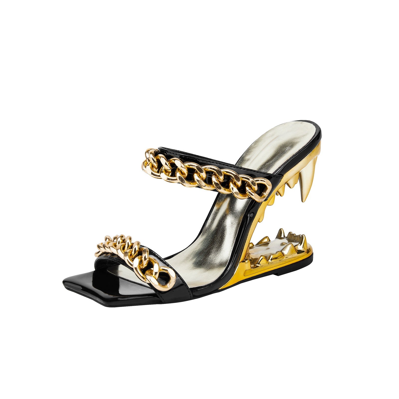 Double Gold Chain Open Toe Bite Heel Mules-3