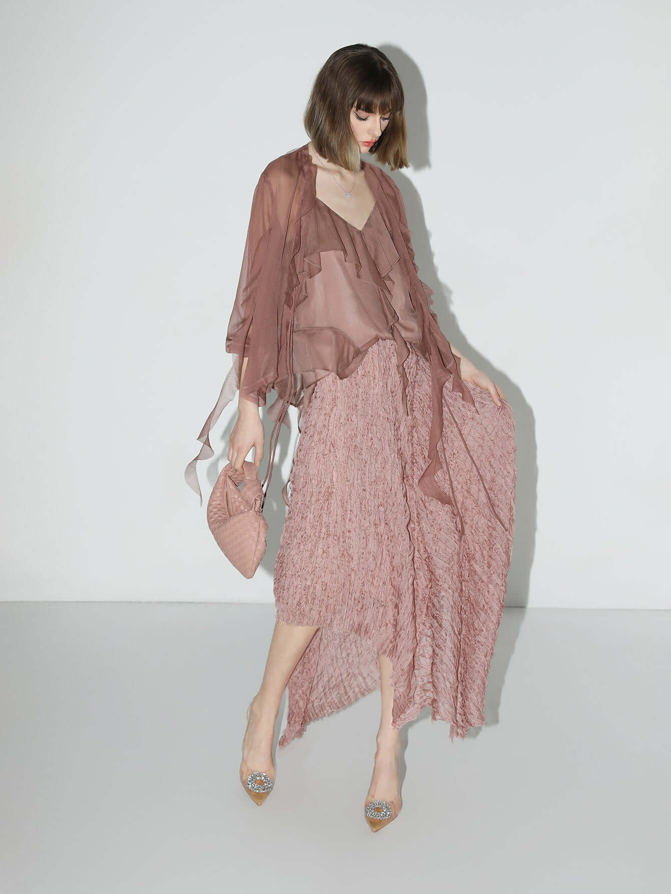Dusty Pink Pleated Asymmetrical A-Line Chiffon Skirt-0