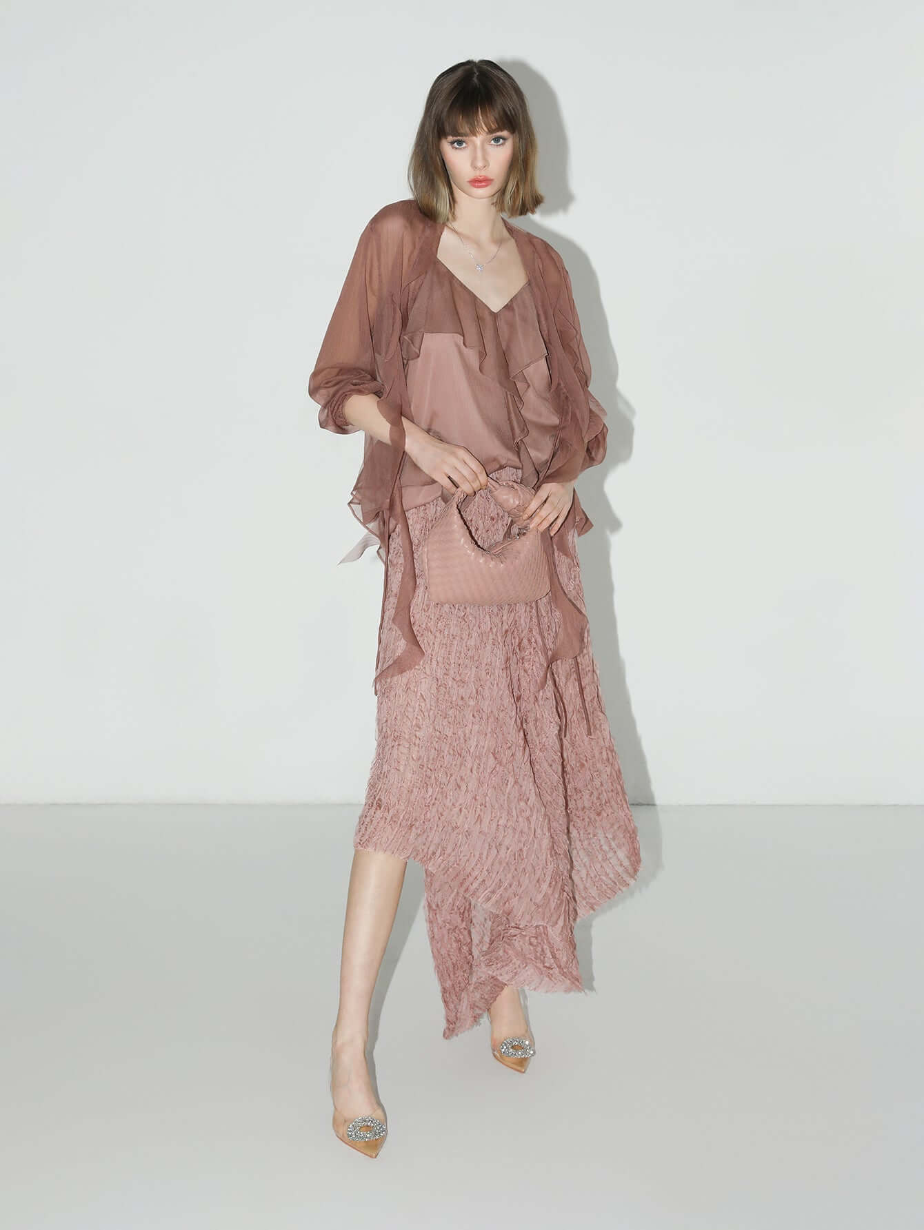 Dusty Pink Pleated Asymmetrical A-Line Chiffon Skirt-1