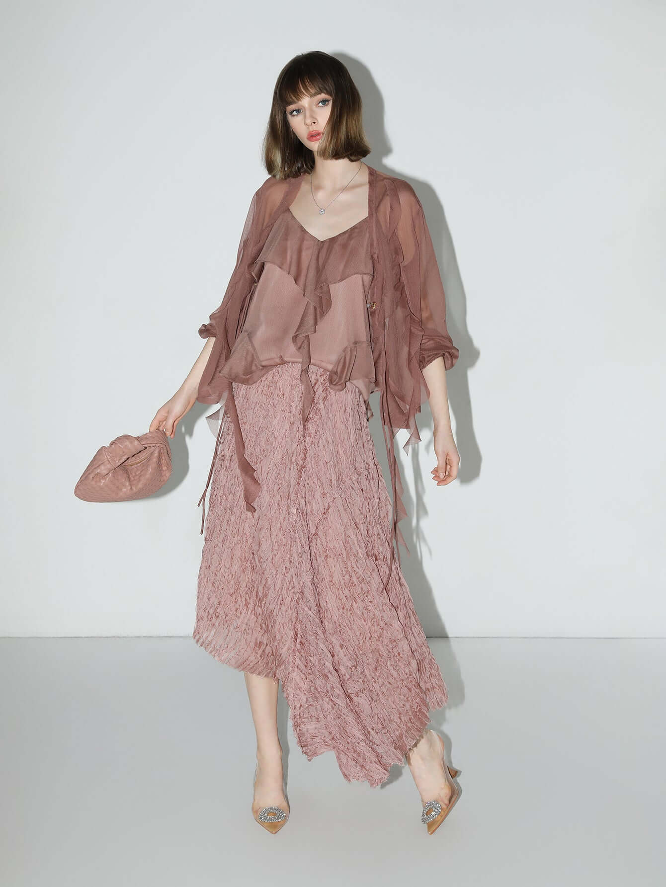 Dusty Pink Pleated Asymmetrical A-Line Chiffon Skirt-2