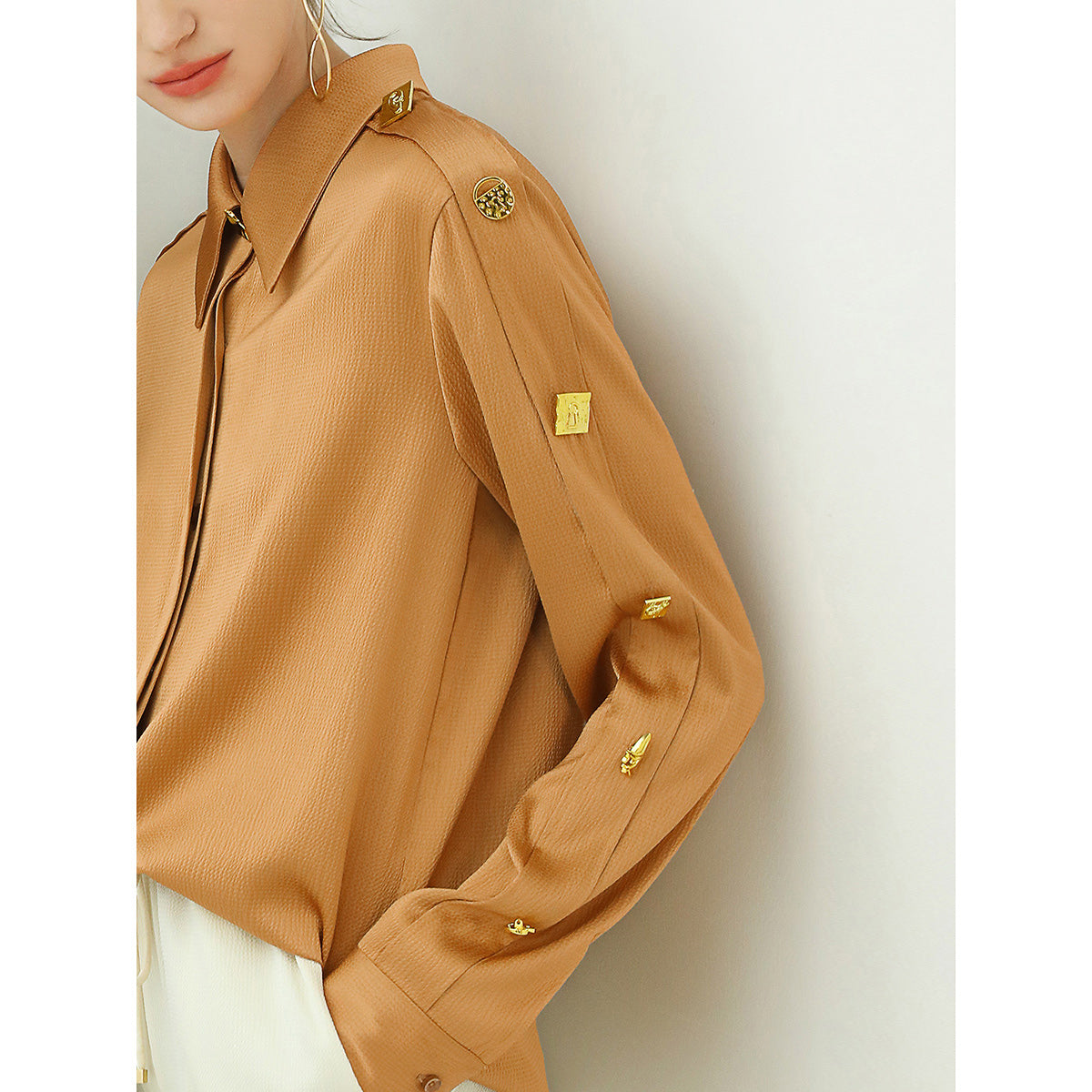 Edgy Brown Silk Shirt with Bejeweled Sleeves-3