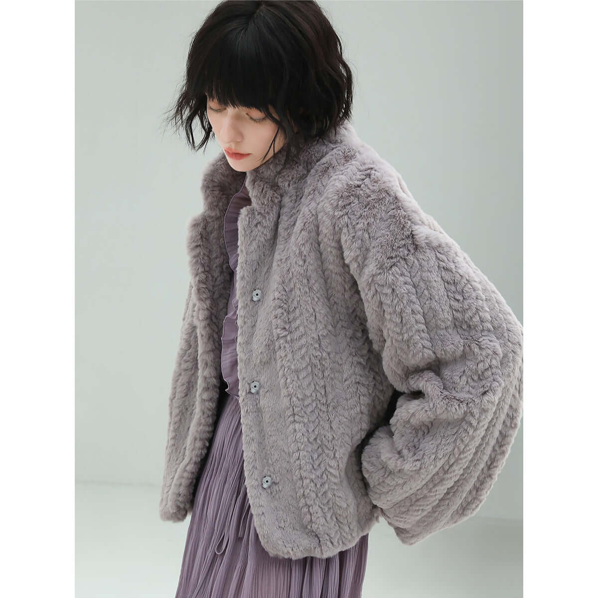 Faux Shearling Knitted Lavender Bomber Jacket-1