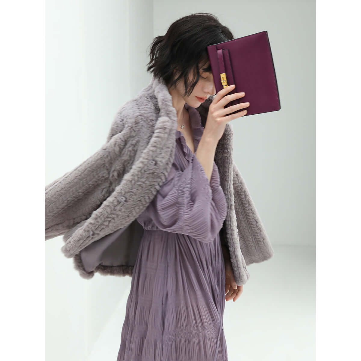 Faux Shearling Knitted Lavender Bomber Jacket-2