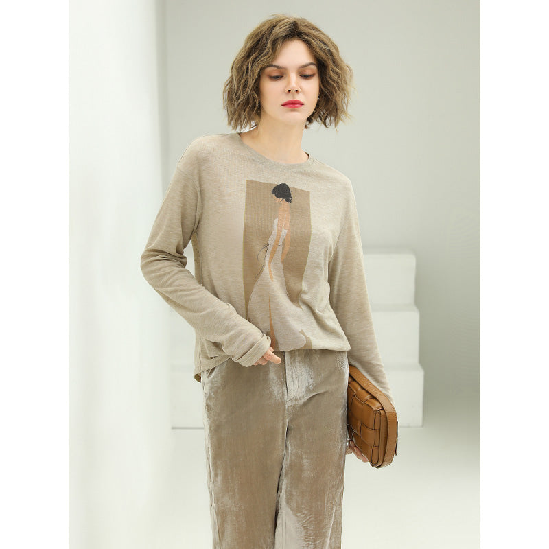 Femme Bride Graphic Knitted Long Sleeved Khaki Tee-1