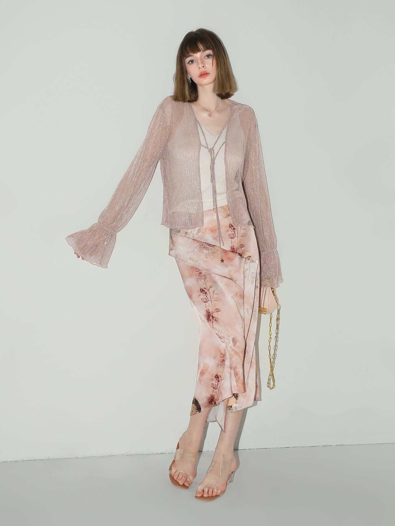 Floral Gradient Panel Asymmetrical Hem Satin Skirt-0