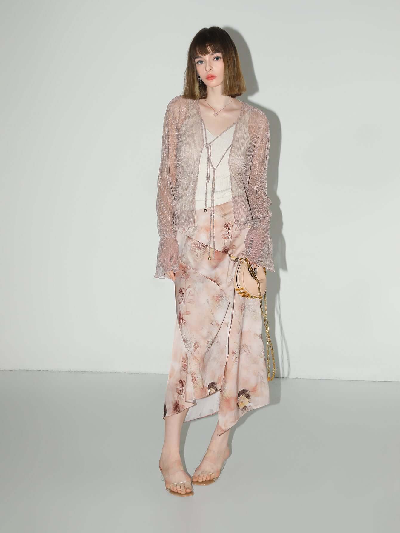 Floral Gradient Panel Asymmetrical Hem Satin Skirt-1