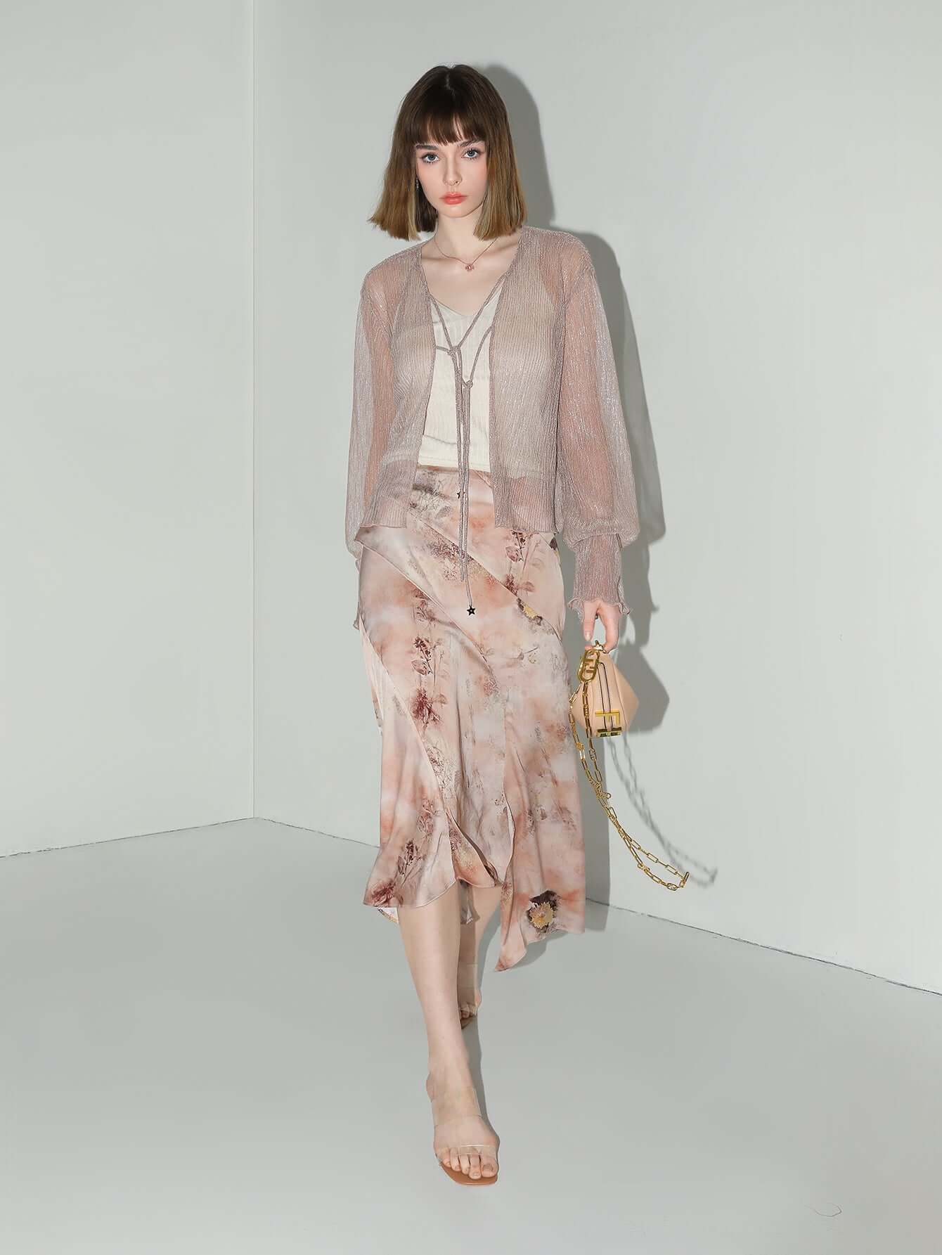 Floral Gradient Panel Asymmetrical Hem Satin Skirt-2