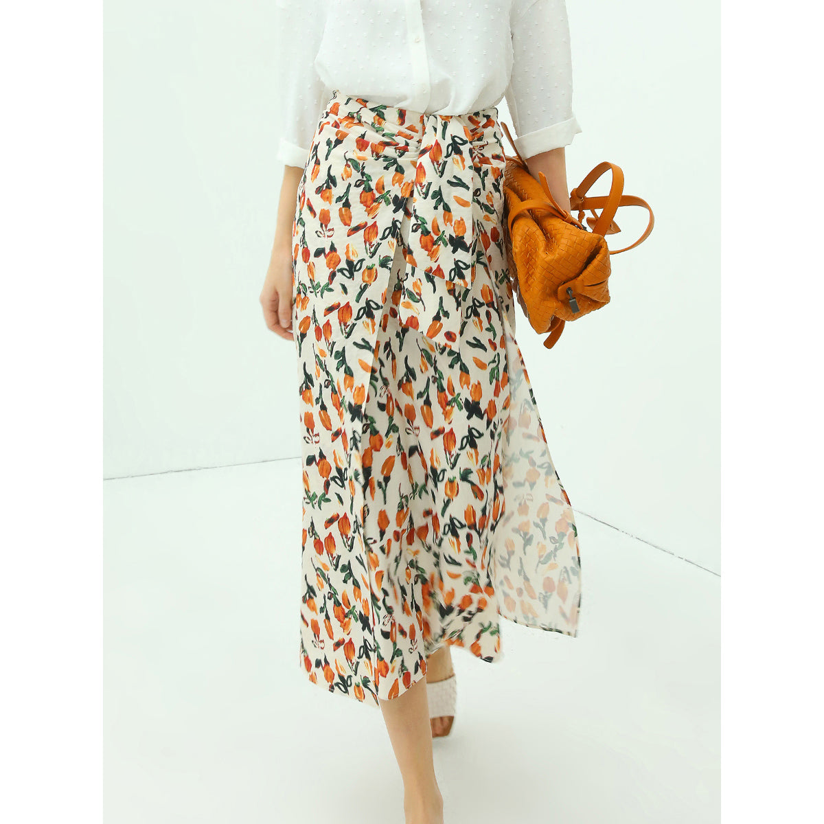 Floral Tie Twist Wrap Skirt Orange-0