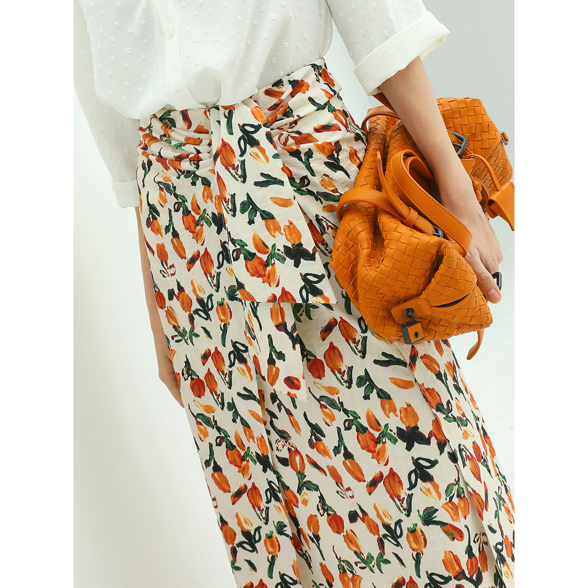 Floral Tie Twist Wrap Skirt Orange-2