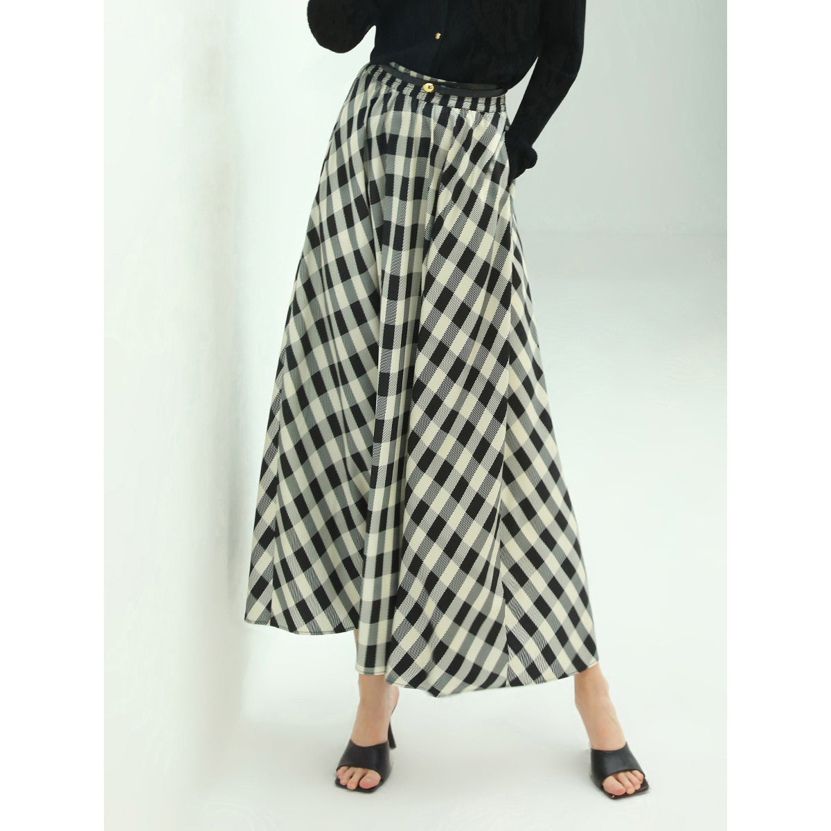 Full A Line High-Waist Checkered Maxi Skirt-0