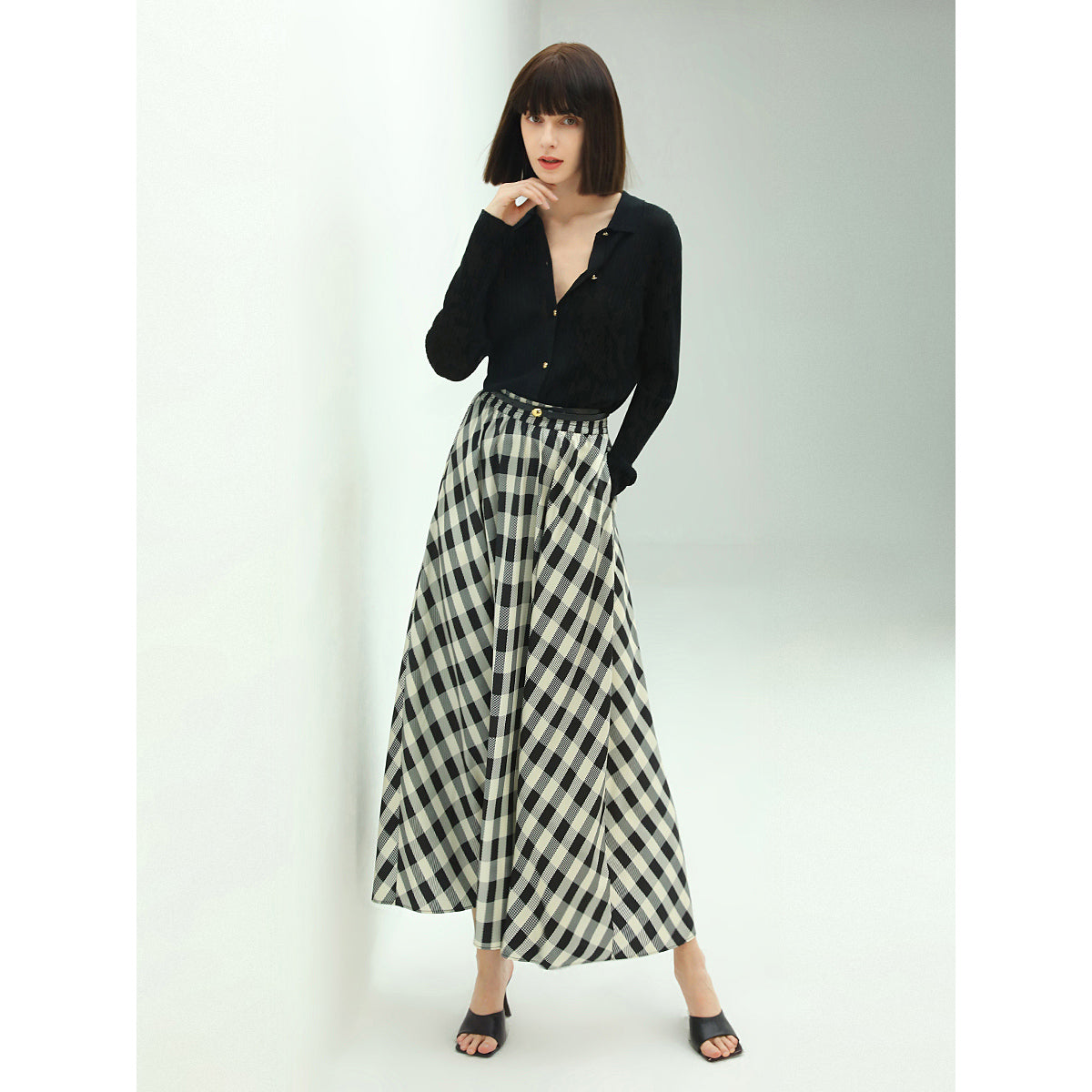 Full A Line High-Waist Checkered Maxi Skirt-1