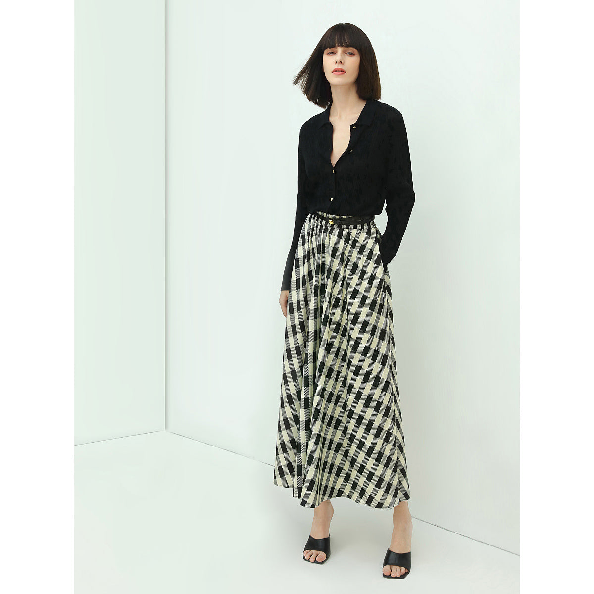 Full A Line High-Waist Checkered Maxi Skirt-2