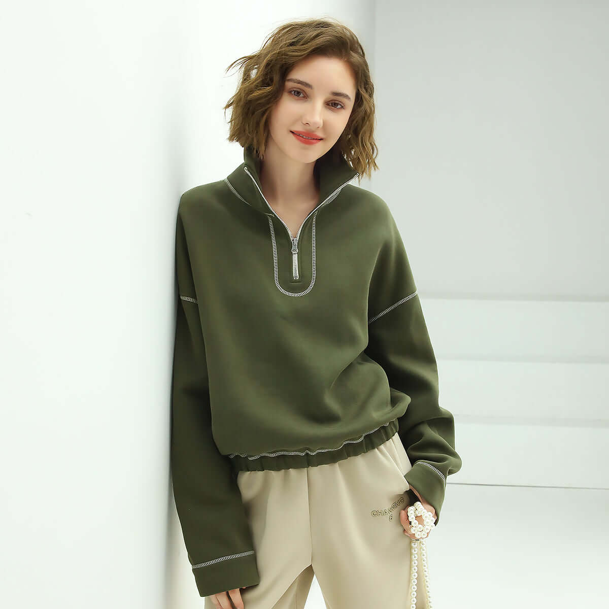 Graphic Trim Zip Up Green Sweater-0