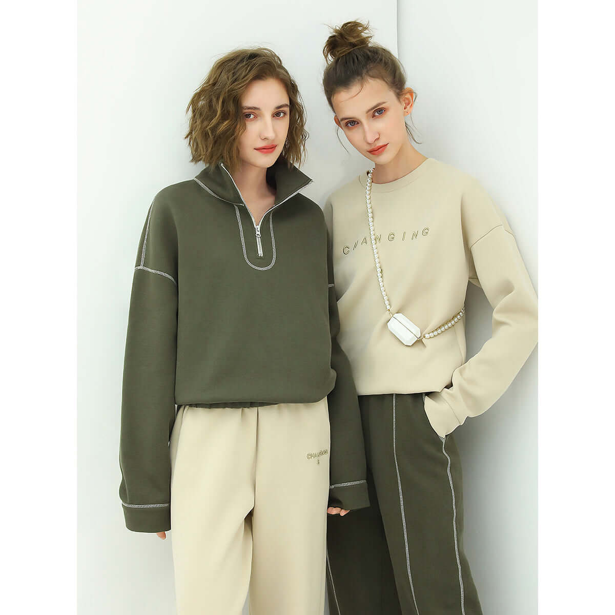 Graphic Trim Zip Up Green Sweater-1