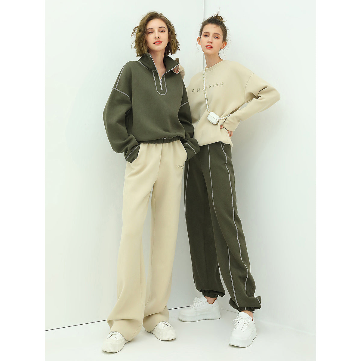 Graphic Trim Zip Up Green Sweater-2