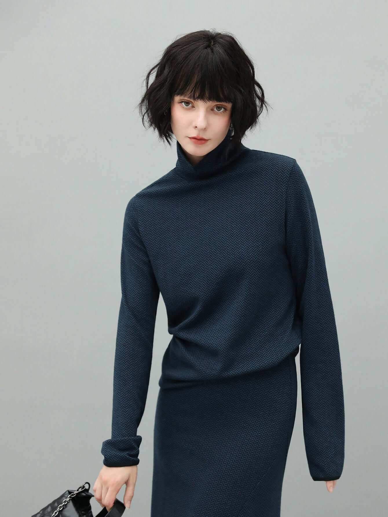 Herringbone High Neck Knit Top in Navy-0