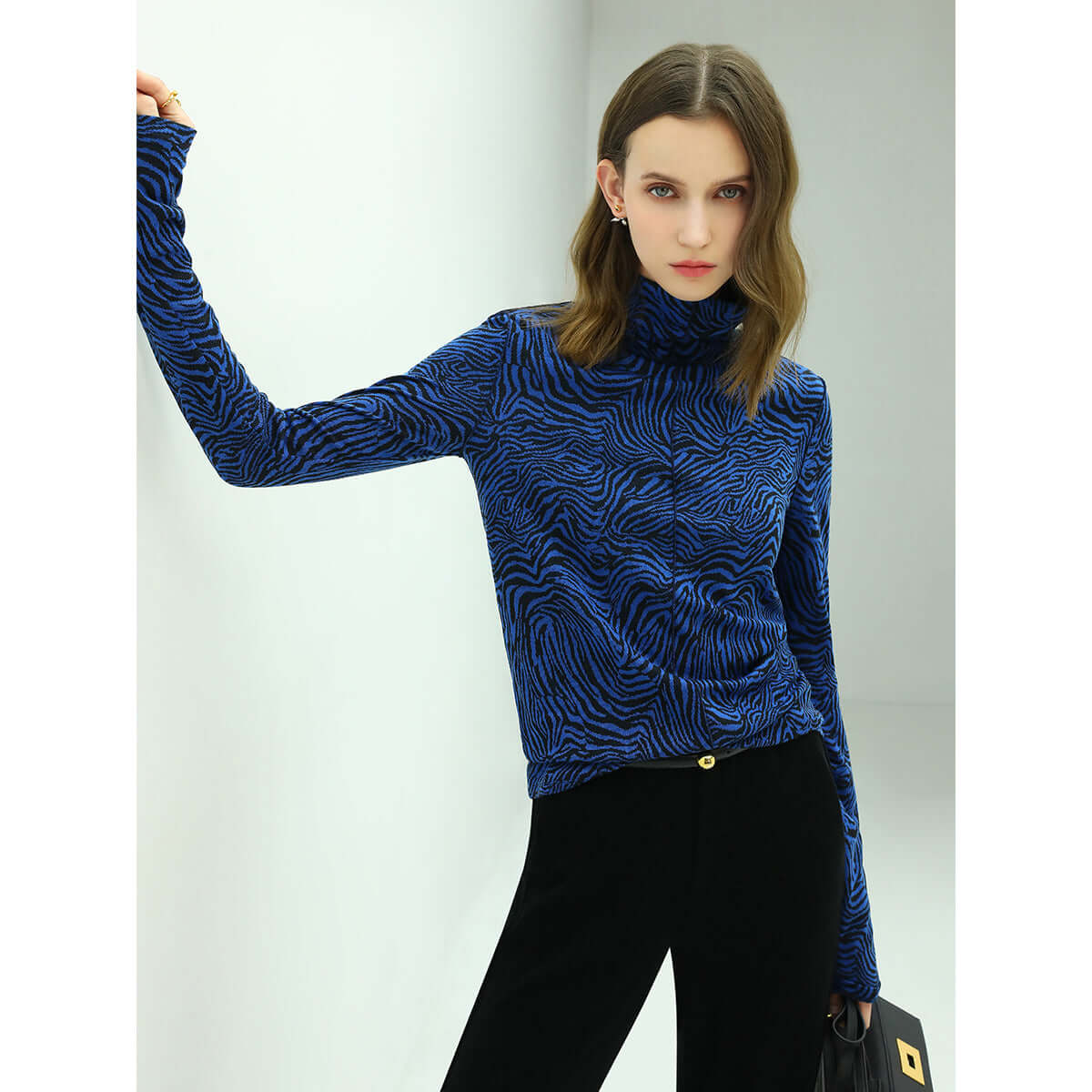 High Neck Zebra Patterned Blue Jacquard Knit Top-0