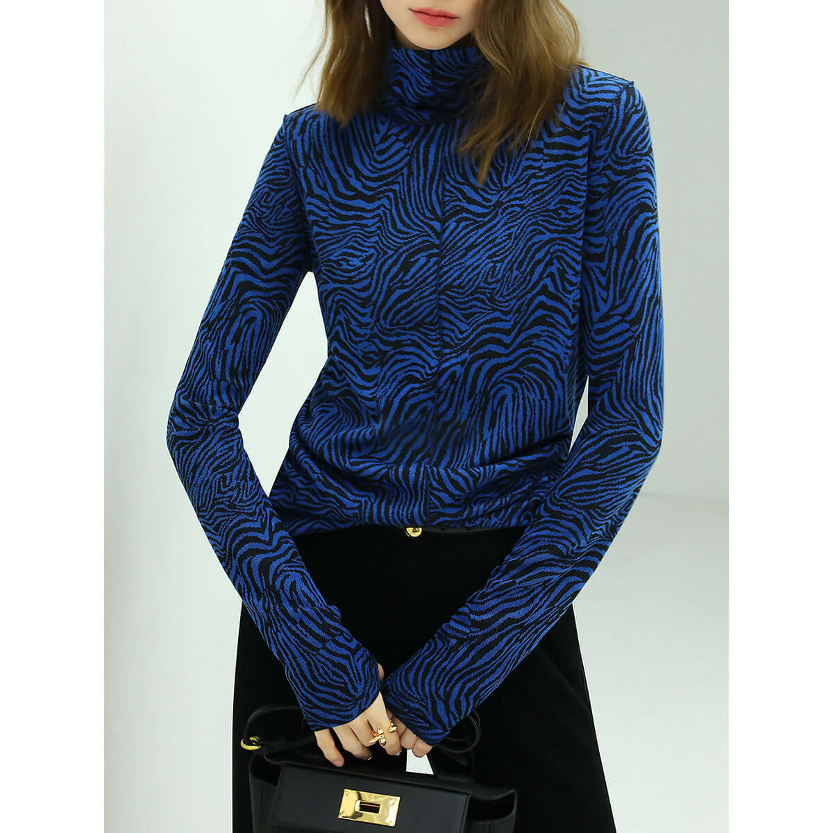 High Neck Zebra Patterned Blue Jacquard Knit Top-1