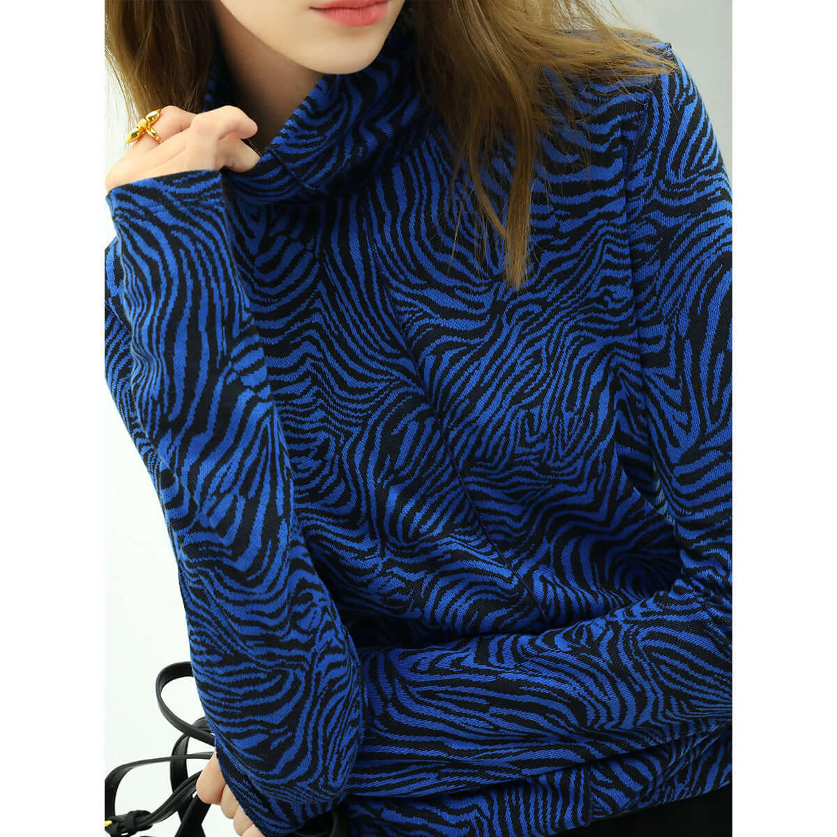 High Neck Zebra Patterned Blue Jacquard Knit Top-2