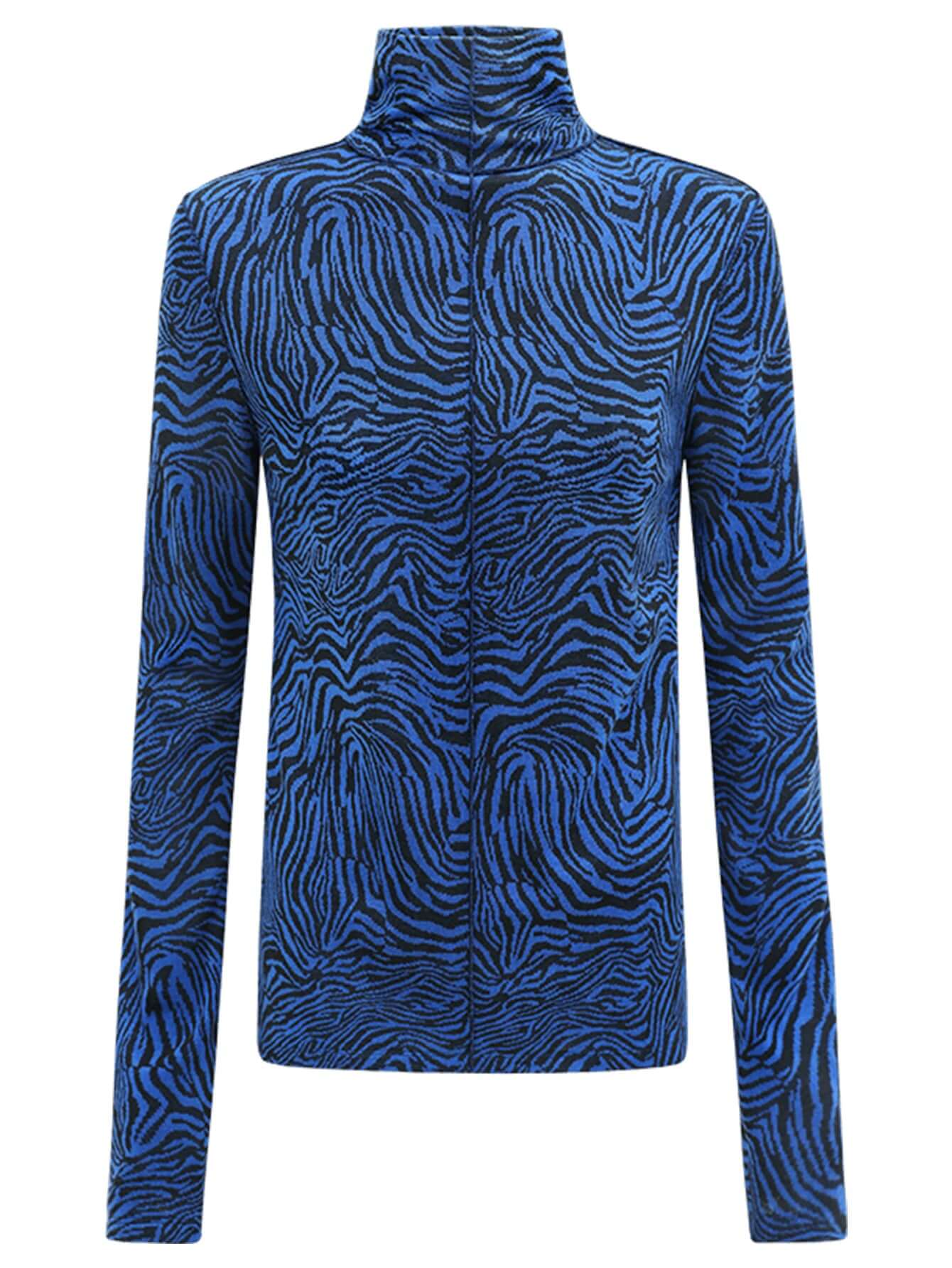 High Neck Zebra Patterned Blue Jacquard Knit Top-3
