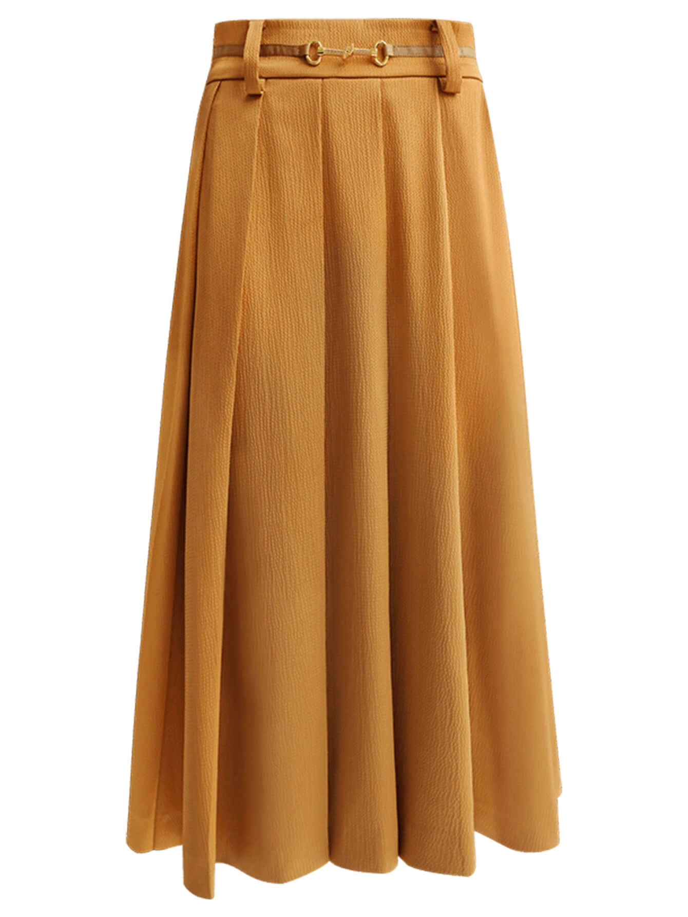 High Waist Pleated Belted Brown Skirt-3