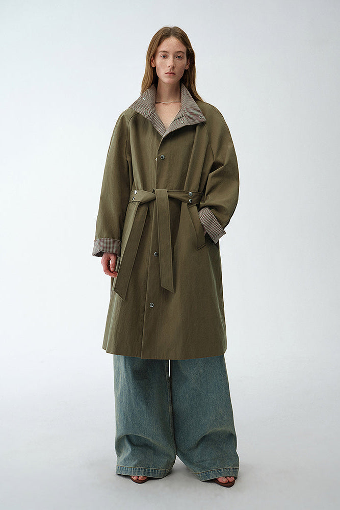 "Urban Island" Retro Plaid Mid-Length Workwear Lapel Trench Coat-0