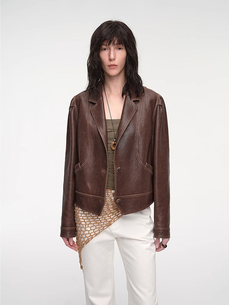 Waxed sheepskin distressed short leather jacket "Vintage Old Stories"