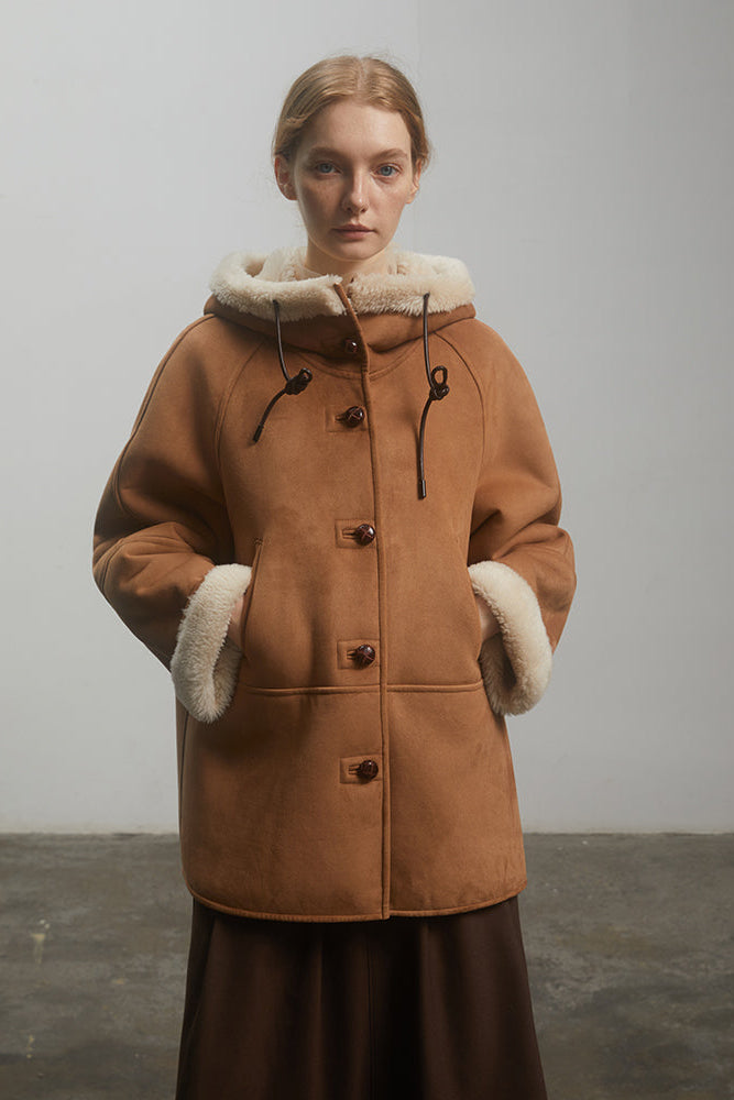 Fireladyfur Women's Faux Leather Shearling Jacket - Short Hooded Reversible Winter Coat Danish Style-0