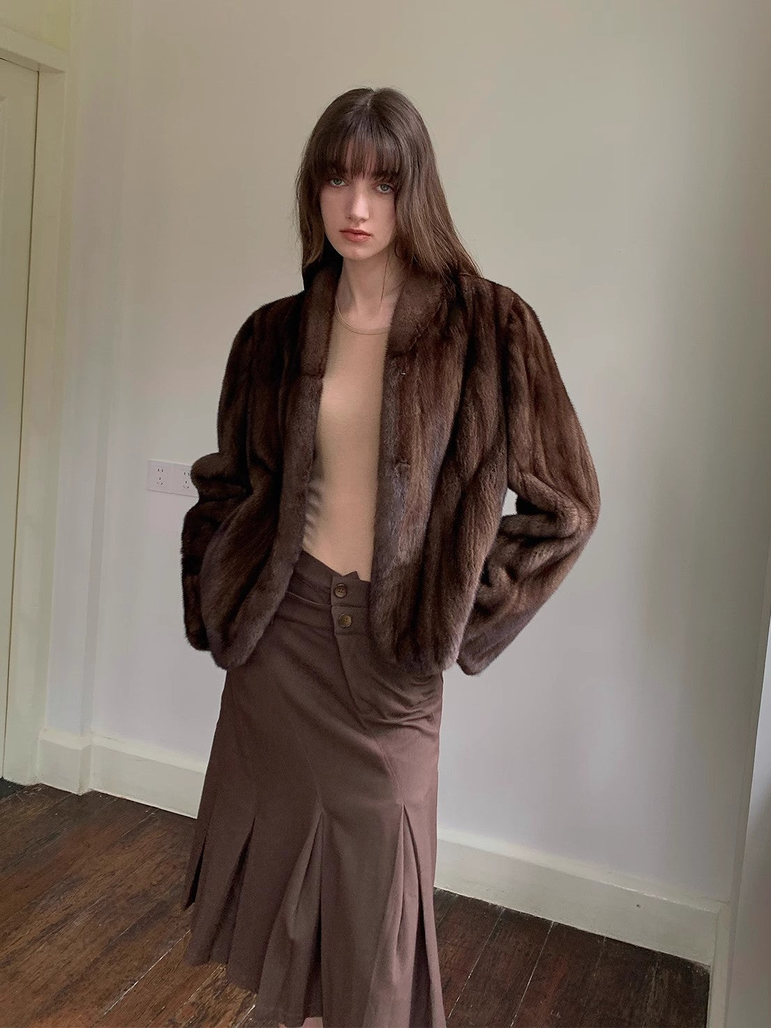 Warm coffee mink retro imported stand collar short mink fur coat-0