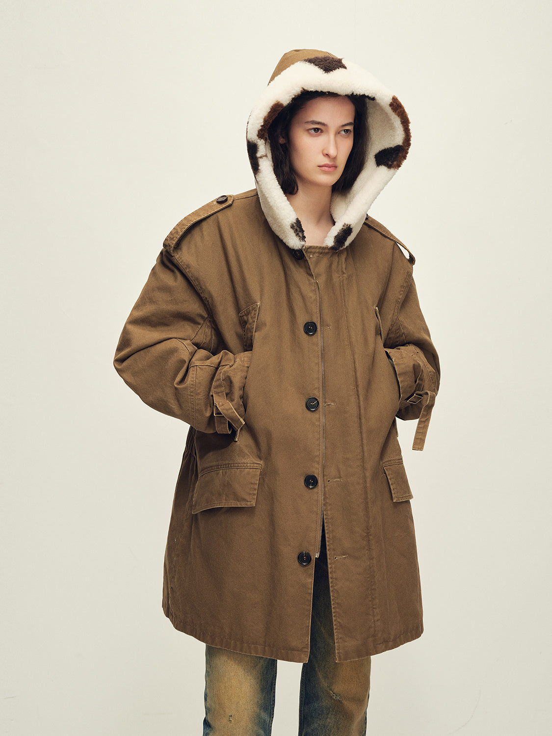 Firelady Fur Women’s Merino Sheepskin Parka with Fur Hood – Real Fur Cow Print Coat"Wild Heartbeat"-3