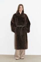 "Mocha Phantom" Merino wool dropped shoulder long asymmetric placket sheepskin coat-0