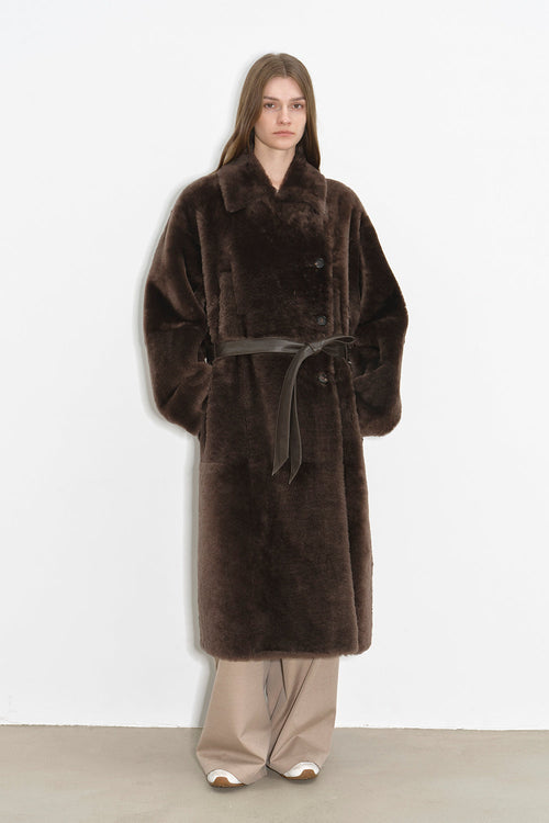 "Mocha Phantom" Merino wool dropped shoulder long asymmetric placket sheepskin coat-0