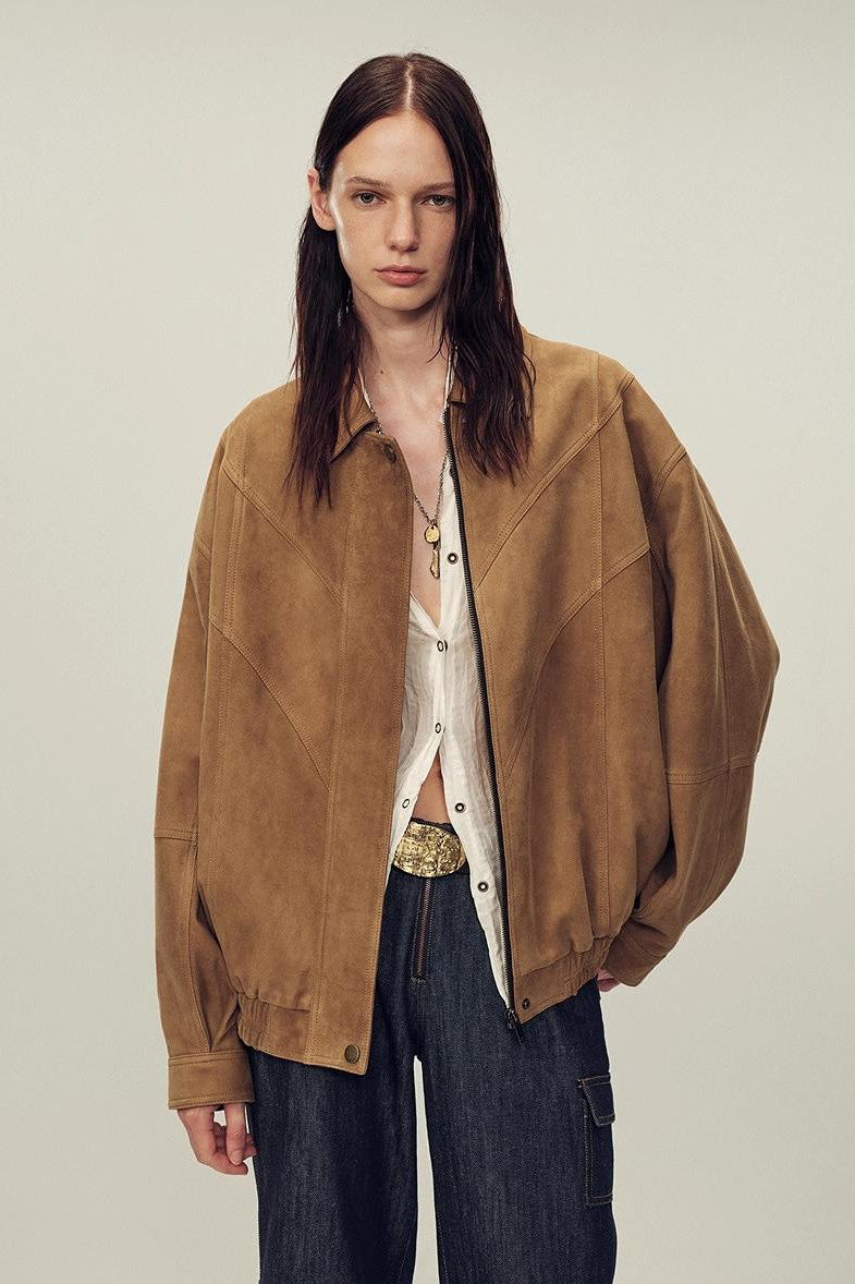 Fireladyfur Women's Suede Top-Grain Sheepskin Leather Jacket-3