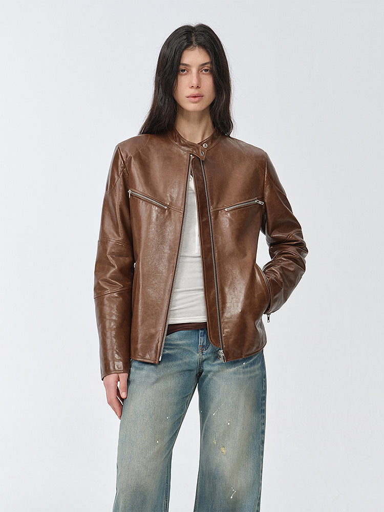 New Zealand imported waxed sheepskin/cowhide vintage motorcycle leather jacket "Manhattan Dark Night"-1
