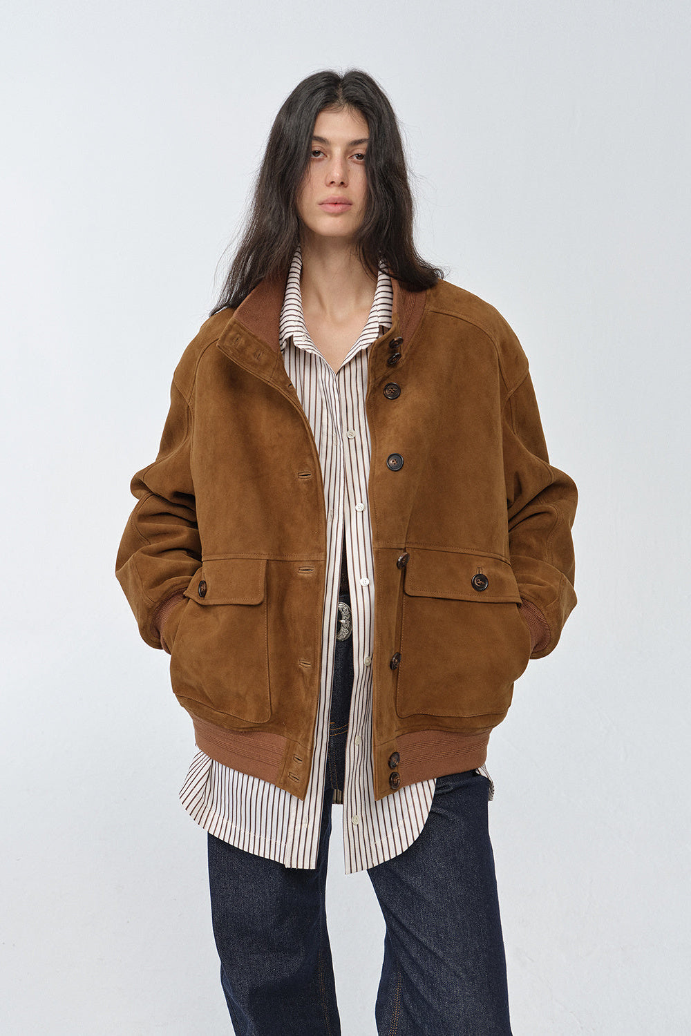 Vintage imported suede sheepskin leather ribbed patchwork jacket "Spring Whisper"-0