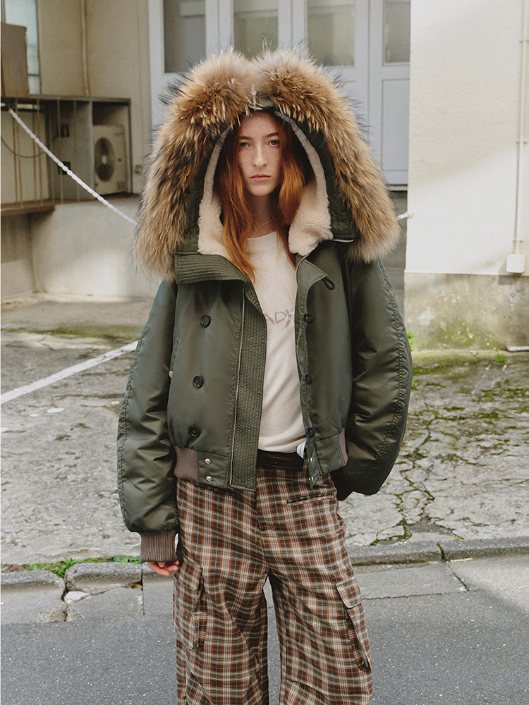 Fireladyfur Warm Short Style Jacket with a Large fur Hood and Raccoon Fur"Cool and Sharp"-0