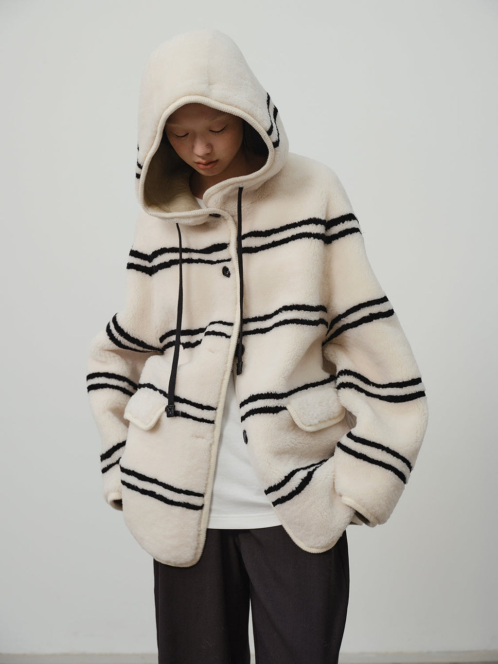 Fireladyfur Women's Lamb Wool Striped Jacket“Snowy New Year”-2