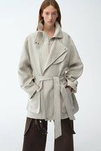 Relaxed Gold Linen Blend Lace-Up Mid-Length Trench Coat Spring"Flynn Magazine"-0