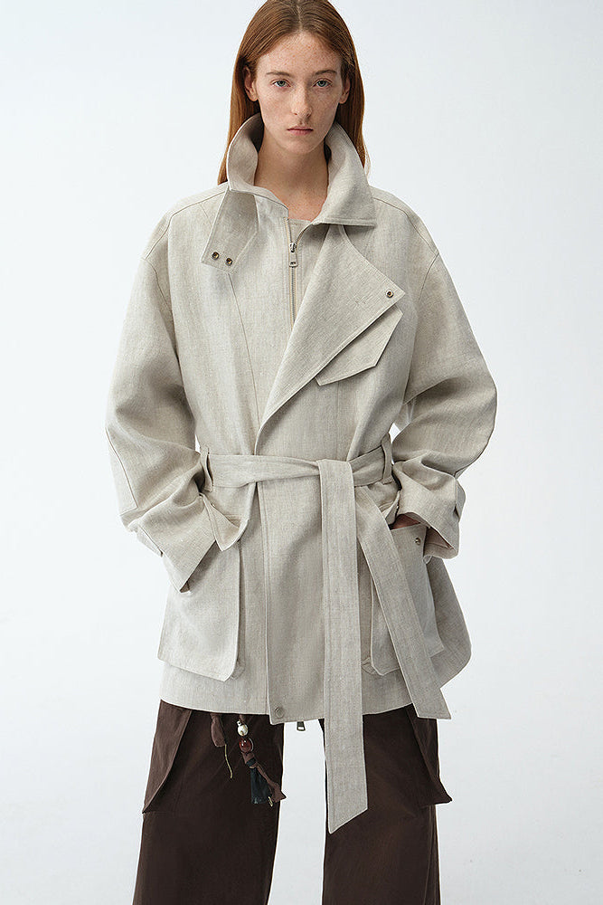 Relaxed Gold Linen Blend Lace-Up Mid-Length Trench Coat Spring"Flynn Magazine"-0