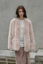 "Castle Dusk" V-neck Italian imported Tuscan curly wool sheepskin fur coat winter-0