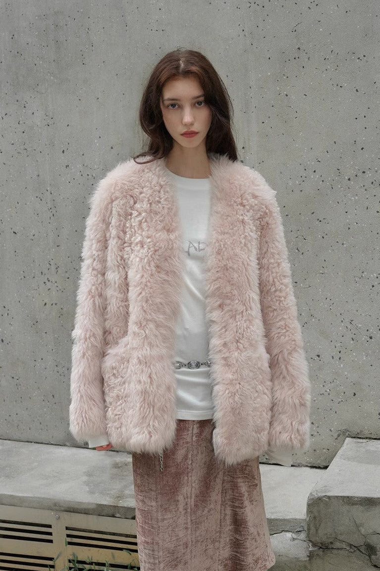 "Castle Dusk" V-neck Italian imported Tuscan curly wool sheepskin fur coat winter-0