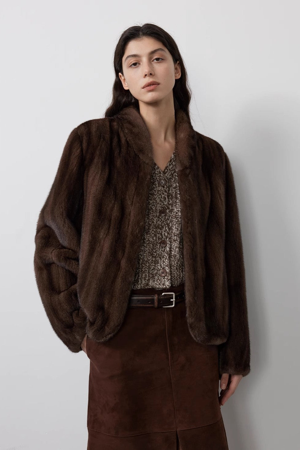 Warm coffee mink retro imported stand collar short mink fur coat-1