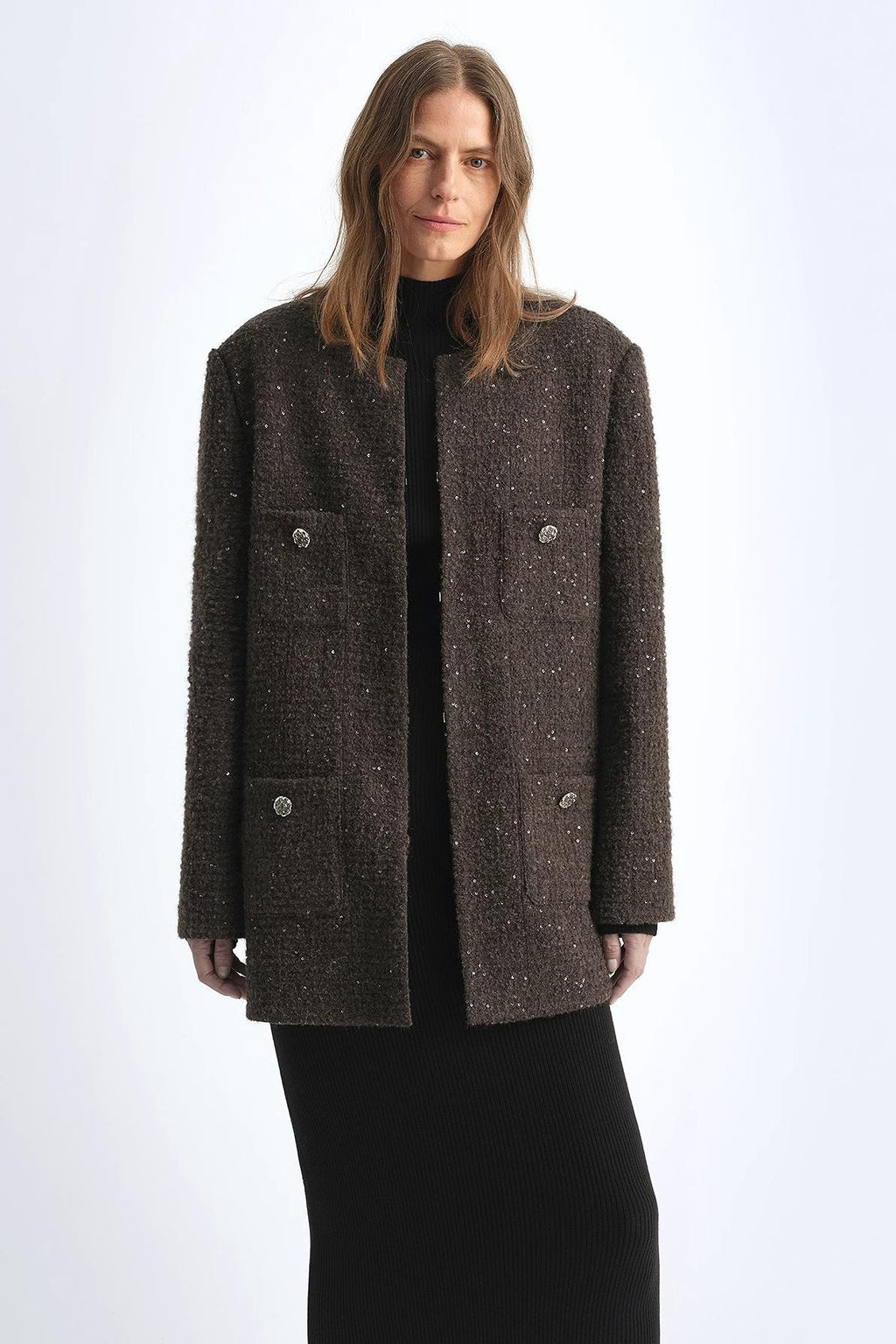 Circle Texture Sequined Wool Tweed Round Neck Long Chanel Style Coat for Women-0