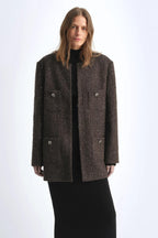 Circle Texture Sequined Wool Tweed Round Neck Long Chanel Style Coat for Women-0