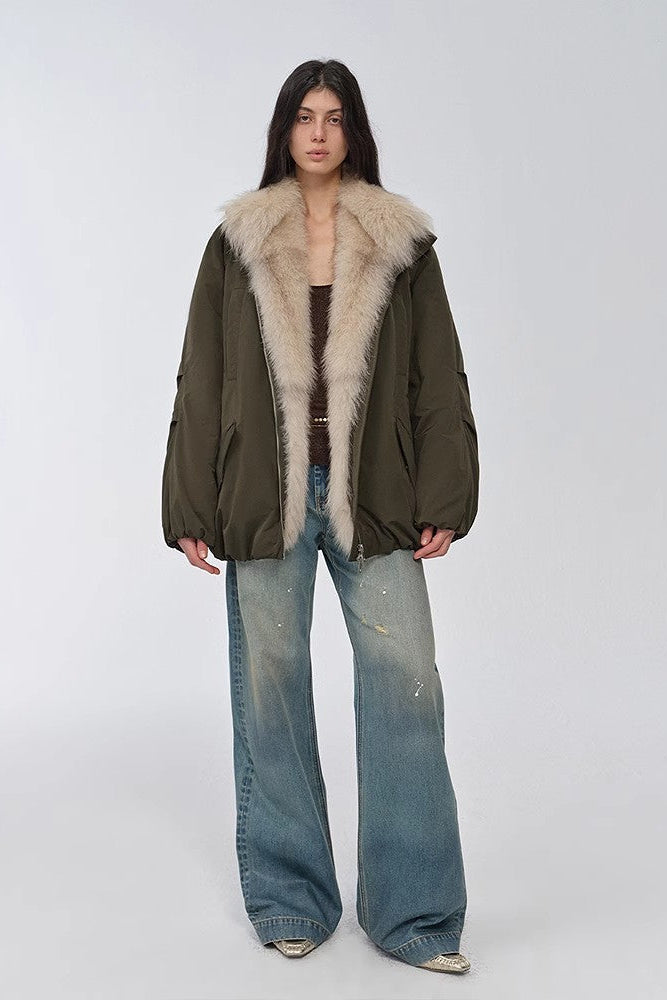 Fireladyfur Women's Mid-Length Two-Tone Fox Fur Down Jacket"Warm Dialogue"-1