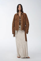 "Haruno Dream" retro distressed flocked denim low waistband long sleeve shirt women's jacket-0