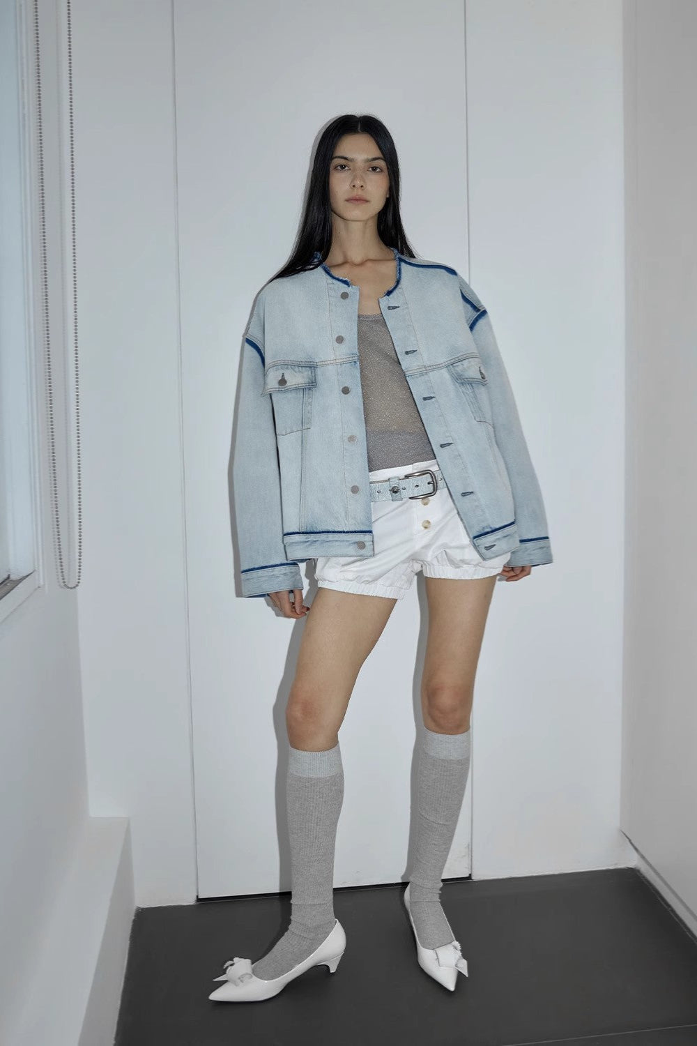 "Starry Sky Market" luxury brand classic washed cotton collarless raw edge denim jacket-1