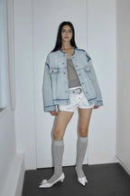 "Starry Sky Market" luxury brand classic washed cotton collarless raw edge denim jacket-1